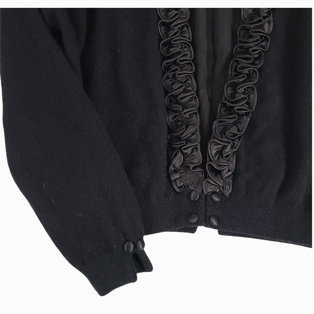 Dalton Cashmere Cardigan Vintage 50s Pinup Scroll Ruffle Trim Cinch Waist Black - Picture 14 of 16
